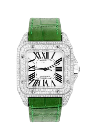 Fully Iced Out 40MM green Leather Band Watch