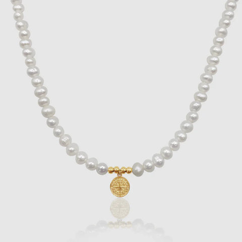 COMPASS REAL PEARL NECKLACE (GOLD)