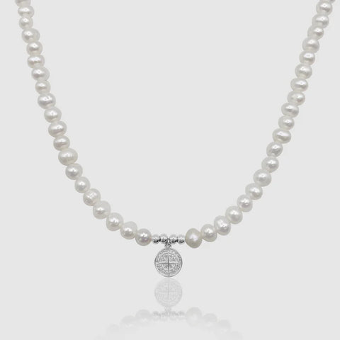 COMPASS REAL PEARL NECKLACE (SILVER)